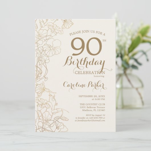 Floral Cream Gold Foto 90e Verjaardagsfeest Kaart (Staand voorkant)