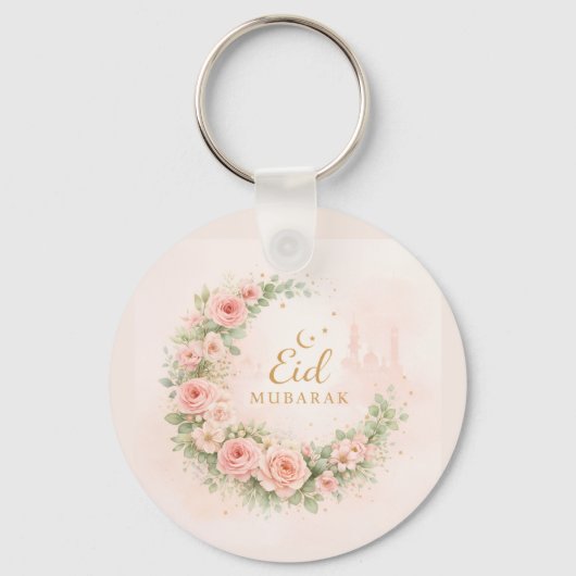 Floral Crescent Eid Mubarak Keychain– Soft Pink & Sleutelhanger (Voorkant)