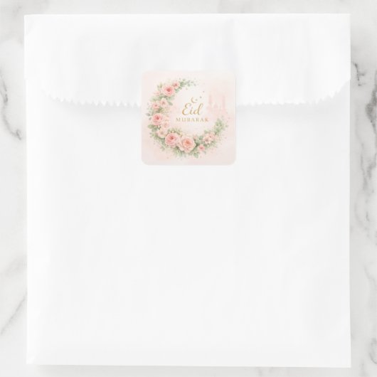 Floral Crescent Eid Mubarak Stickers– Soft Pink & Vierkante Sticker (Tas)
