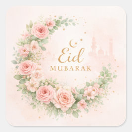 Floral Crescent Eid Mubarak Stickers– Soft Pink & Vierkante Sticker