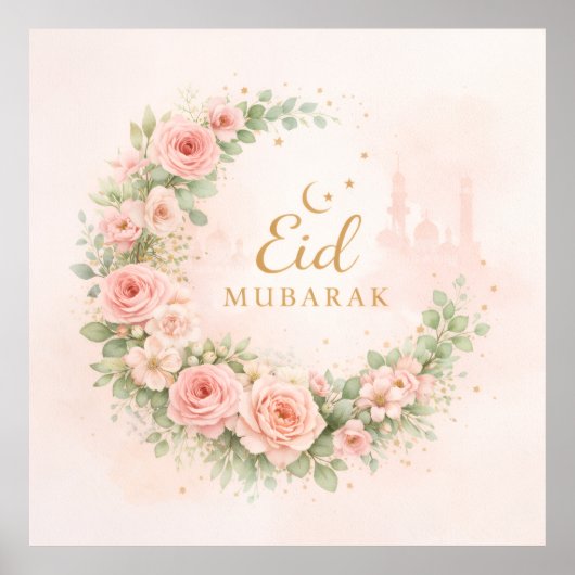 Floral Crescent Eid Mubarak Wall Art – Soft Pink & Poster (Voorkant)