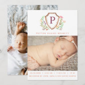 Floral Crest Baby Girl Birth kondiging Kaart (Voorkant / Achterkant)