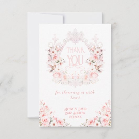 Floral Crest Blush Pink Het is een meisje Baby sho Bedankkaart (Voorkant)