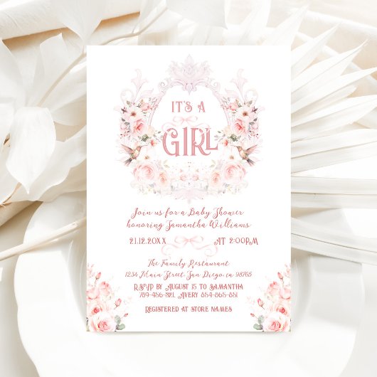 Floral Crest Blush Pink Het is een meisje Baby sho Kaart