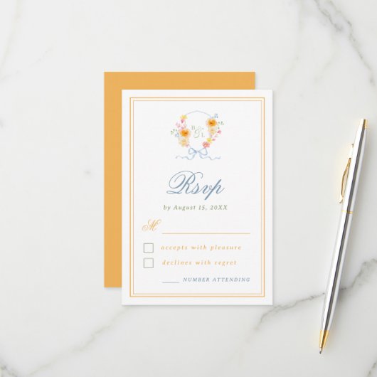 Floral Crest Bow Monogram Spring Wedding RSVP Kaartje (Voorkant / Achterkant in situ)