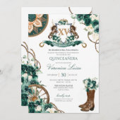 Floral Crest Charro Emerald Green Quinceanera Kaart (Voorkant / Achterkant)