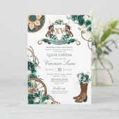 Floral Crest Charro Emerald Green Quinceanera Kaart (Staand voorkant)