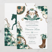 Floral Crest Charro Emerald Green Quinceanera Kaart (Voorkant / Achterkant)