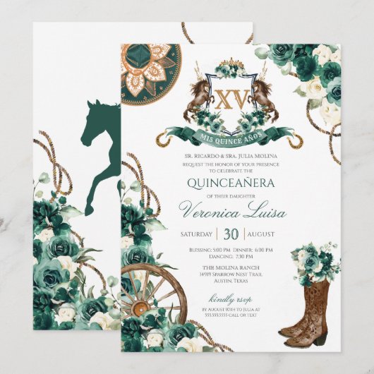Floral Crest Charro Emerald Green Quinceanera Kaart (Voorkant / Achterkant)