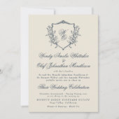  Floral Crest Cream & Navy Monogram Bruiloft Kaart (Voorkant)