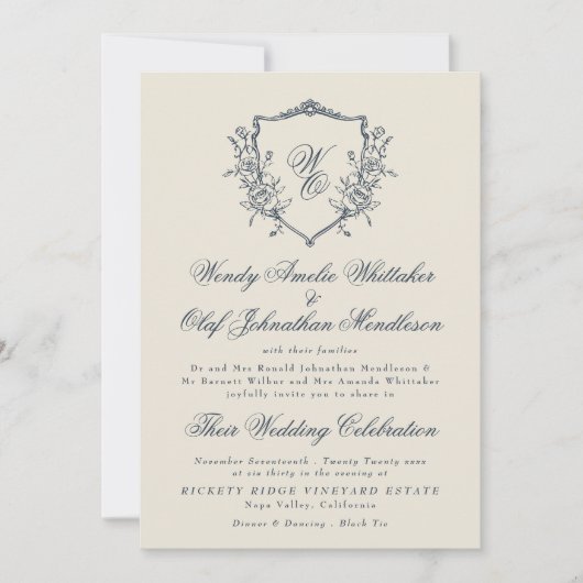  Floral Crest Cream & Navy Monogram Bruiloft Kaart (Voorkant)