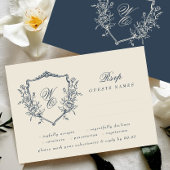  Floral Crest Cream & Navy Monogram Bruiloft RSVP Kaartje