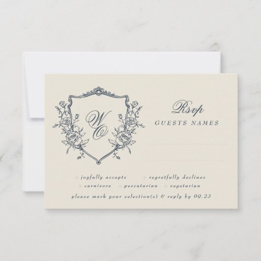  Floral Crest Cream & Navy Monogram Bruiloft RSVP Kaartje (Voorkant)