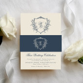 Floral Crest Cream & Navy Monogram Bruiloft Uitnodigingen Wikkel