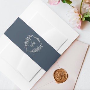 Floral Crest Cream & Navy Monogram Bruiloft Uitnodigingen Wikkel