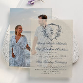  Floral Crest Cream & Navy Monogram Bruiloft Vellum Uitnodigingen