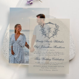  Floral Crest Cream & Navy Monogram Bruiloft Vellum Uitnodigingen