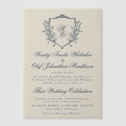  Floral Crest Cream & Navy Monogram Bruiloft Vellum Uitnodigingen (Voorkant)