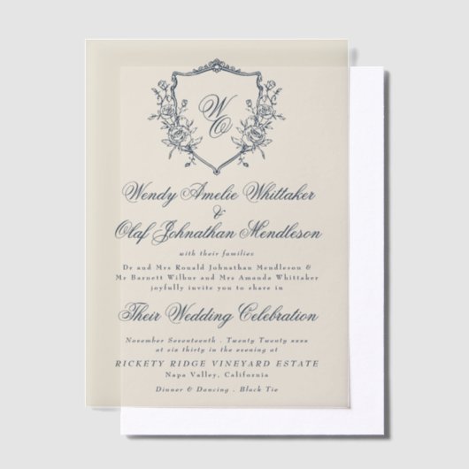  Floral Crest Cream & Navy Monogram Bruiloft Vellum Uitnodigingen (Offset)