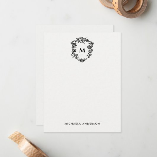 Floral Crest Elegant Monogram & Naam Notitiekaartje (Voorkant / Achterkant in situ)