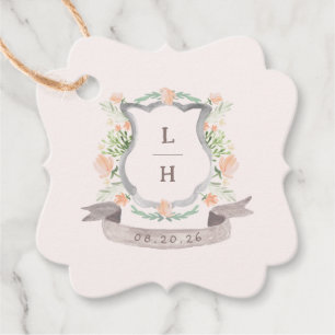 Floral Crest Elegant Waterverf Monogram Huwelijk Bedankjes Labels