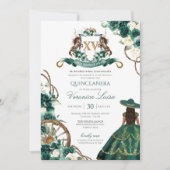 Floral Crest Emerald Green Charro Quinceanera Invi Kaart (Voorkant)