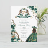 Floral Crest Emerald Green Charro Quinceanera Invi Kaart (Staand voorkant)