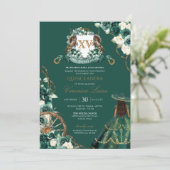 Floral Crest Emerald Green Charro Quinceanera Invi Kaart (Staand voorkant)