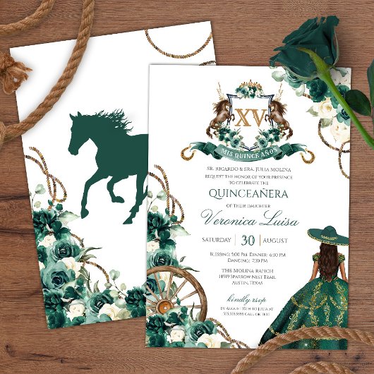 Floral Crest Emerald Green Charro Quinceanera Invi Kaart