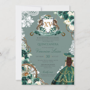 Floral Crest Emerald Green Charro Quinceanera Invi Kaart