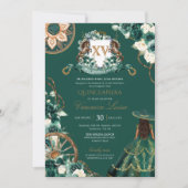 Floral Crest Emerald Green Charro Quinceañera Kaart (Voorkant)