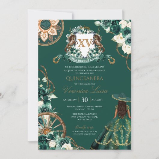 Floral Crest Emerald Green Charro Quinceañera Kaart (Voorkant)