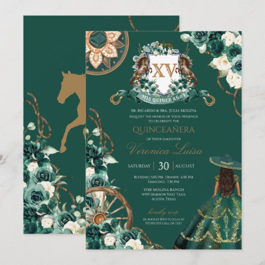 Floral Crest Emerald Green Charro Quinceañera Kaart (Voorkant / Achterkant)
