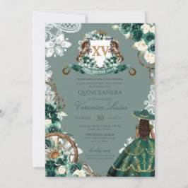 Floral Crest Emerald Green Charro Quinceanera Kaart