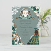 Floral Crest Emerald Green Charro Quinceanera Kaart (Staand voorkant)