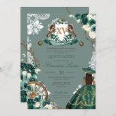 Floral Crest Emerald Green Charro Quinceanera Kaart (Voorkant / Achterkant)