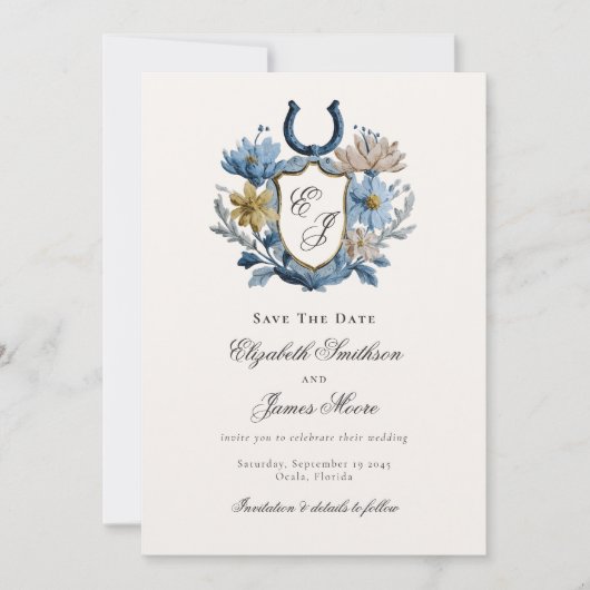 Floral Crest Equestrian Horseshoe Monogram Photo Save The Date (Voorkant)