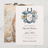 Floral Crest Equestrian Horseshoe Monogram Photo Save The Date (Voorkant / Achterkant)