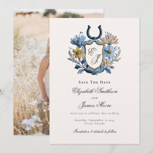 Floral Crest Equestrian Horseshoe Monogram Photo Save The Date (Voorkant / Achterkant)