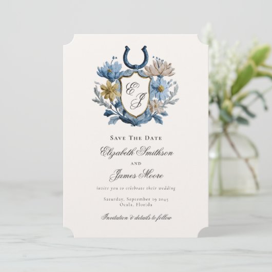 Floral Crest Equestrian Horseshoe Monogram Save The Date (Staand voorkant)