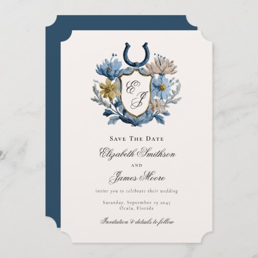 Floral Crest Equestrian Horseshoe Monogram Save The Date (Voorkant / Achterkant)