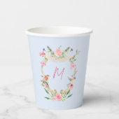 Floral Crest Monogram Blauw Baby shower Papieren Bekers (Voorkant)