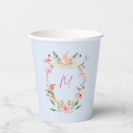 Floral Crest Monogram Blauw Baby shower Papieren Bekers