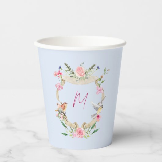 Floral Crest Monogram Blauw Baby shower Papieren Bekers (Voorkant)