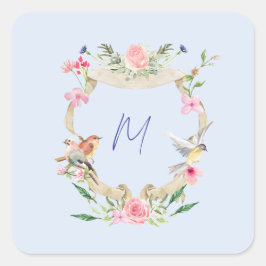 Floral Crest Monogram Blauw Vierkante Sticker