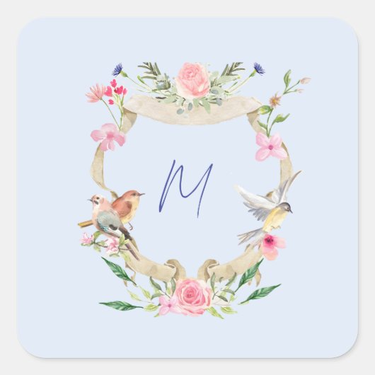 Floral Crest Monogram Blauw Vierkante Sticker (Voorkant)