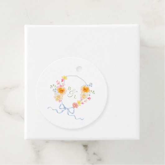 Floral Crest Monogram Blue Bow Spring Wedding Bedankjes Labels (In situ)