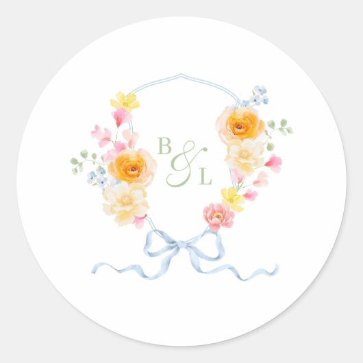 Floral Crest Monogram Blue Bow Spring Wedding Ronde Sticker (Voorkant)
