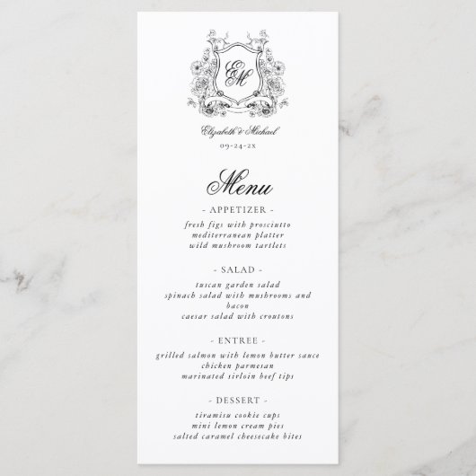 Floral Crest Monogram Elegant Trouwen Menu (Voorkant)