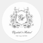 Floral Crest Monogram Elegant Trouwen Ronde Sticker (Voorkant)